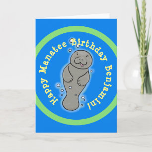 Cute happy manatee cartoon illustratie kaart