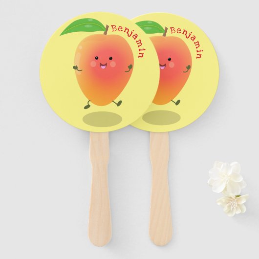 Cute happy mango yellow cartoon illustratie handwaaier (Voorkant en achterkant)