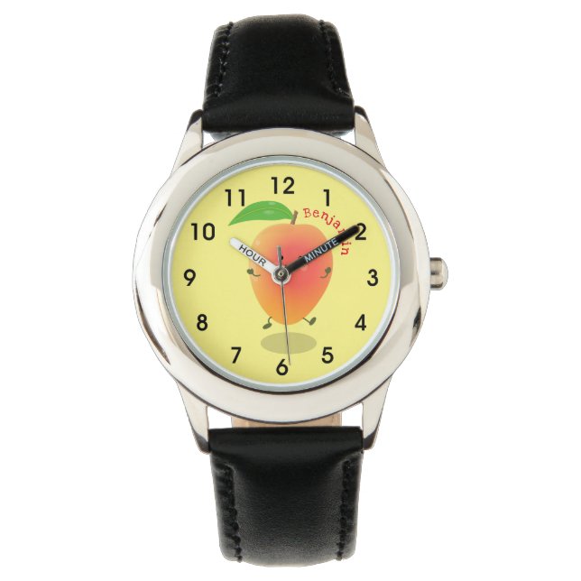 Cute happy mango yellow cartoon illustratie horloge (Voorkant)