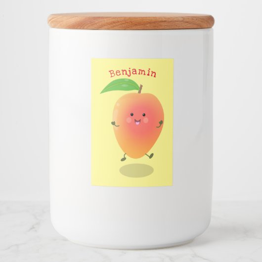 Cute happy mango yellow cartoon illustratie voedselcontainer etiket (Voorkant)
