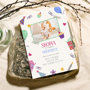 Cute Happy met Photo 1st Birthday Invitation Kaart