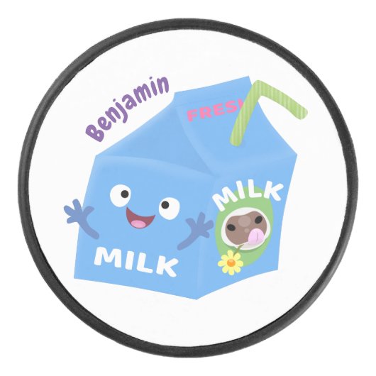 Cute happy milk carton cartoon hockey puck (Voorkant)