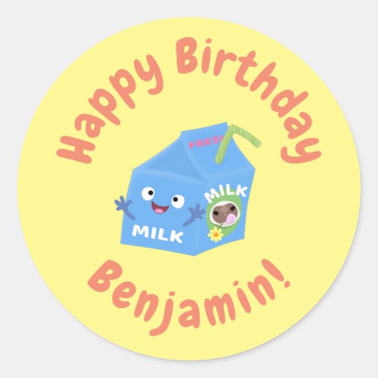 Cute happy milk carton cartoon ronde sticker (Voorkant)