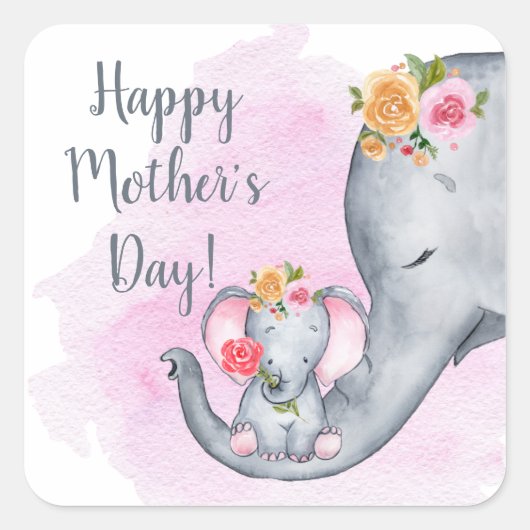 Cute Happy Moederdag Elephant Square Sticker (Voorkant)