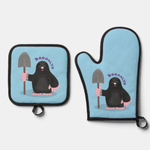 Cute happy mole cartoon illustratie ovenwant & pannenlap set