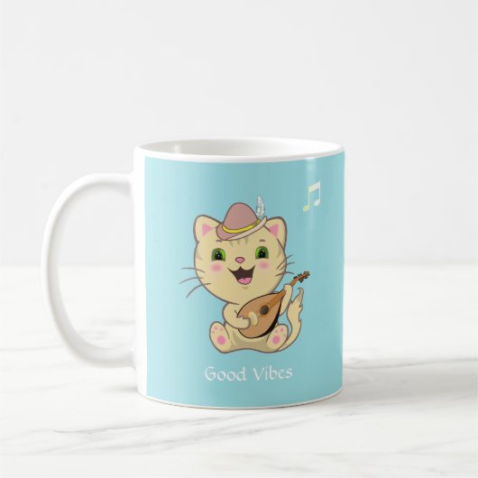 Cute Happy Musical Ginger Tabby Cat on Light Blue Koffiemok (Links)
