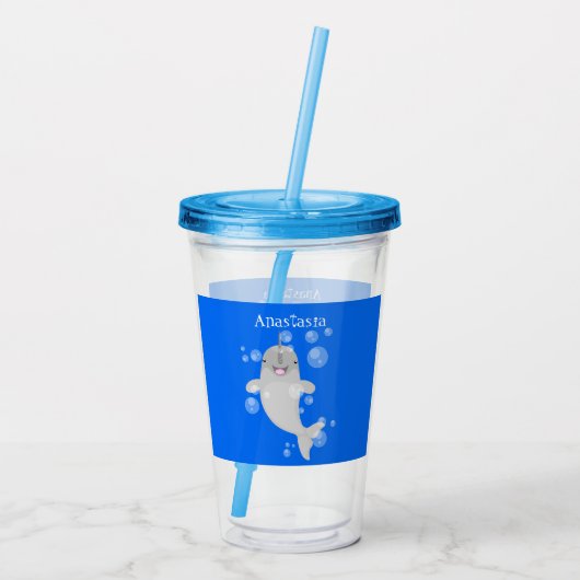 Cute happy narwhal bubbles cartoon illustratie acryl drinkbeker (Achterkant)