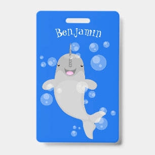 Cute happy narwhal bubbles cartoon illustratie badge