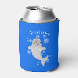 Cute happy narwhal bubbles cartoon illustratie blikjeskoeler