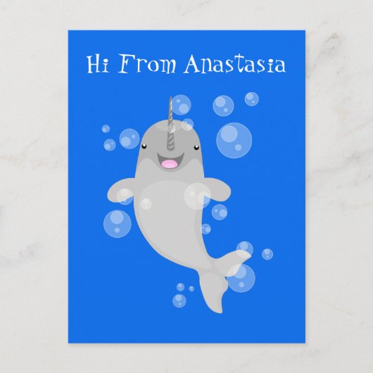 Cute happy narwhal bubbles cartoon illustratie briefkaart (Voorkant)