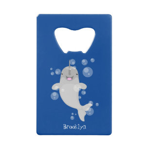 Cute happy narwhal bubbles cartoon illustratie creditkaart flessenopener