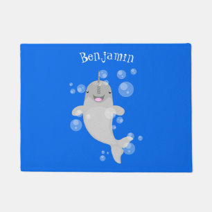 Cute happy narwhal bubbles cartoon illustratie deurmat