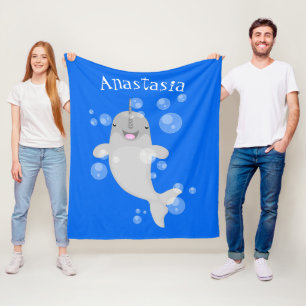 Cute happy narwhal bubbles cartoon illustratie fleece deken