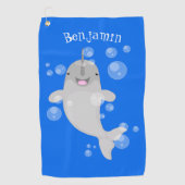 Cute happy narwhal bubbles cartoon illustratie golfhanddoek (Voorkant)