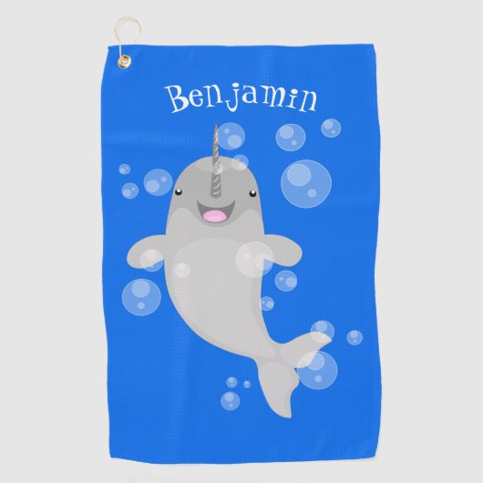 Cute happy narwhal bubbles cartoon illustratie golfhanddoek (Voorkant)