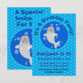 Cute happy narwhal bubbles cartoon illustratie kaart (Voorkant / Achterkant)