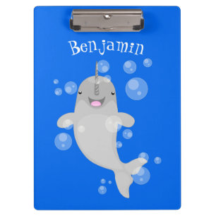 Cute happy narwhal bubbles cartoon illustratie klembord