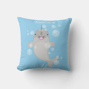 Cute happy narwhal bubbles cartoon illustratie kussen