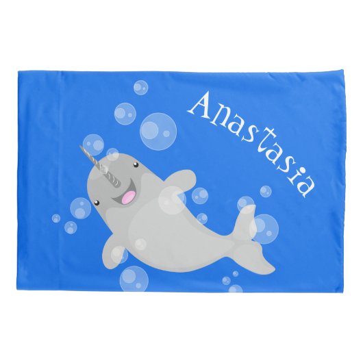Cute happy narwhal bubbles cartoon illustratie kussensloop (Achterkant)