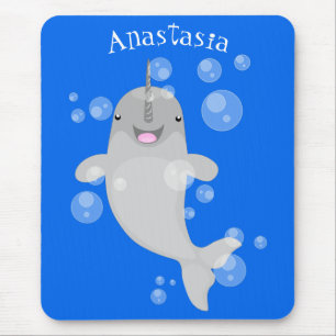 Cute happy narwhal bubbles cartoon illustratie muismat