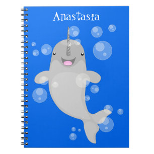 Cute happy narwhal bubbles cartoon illustratie notitieboek