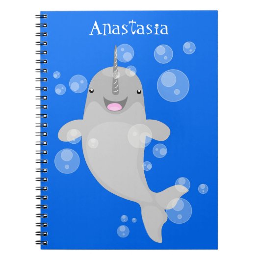 Cute happy narwhal bubbles cartoon illustratie notitieboek (Voorkant)