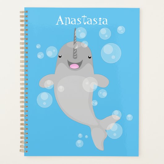 Cute happy narwhal bubbles cartoon illustratie planner (Voorkant)