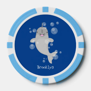 Cute happy narwhal bubbles cartoon illustratie poker chips