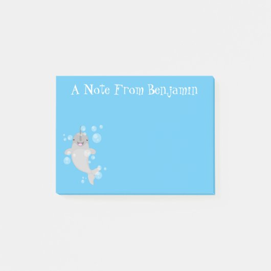 Cute happy narwhal bubbles cartoon illustratie post-it® notes (Voorkant)