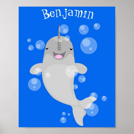 Cute happy narwhal bubbles cartoon illustratie poster (Voorkant)