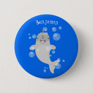 Cute happy narwhal bubbles cartoon illustratie ronde button 5,7 cm