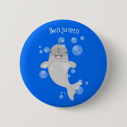 Cute happy narwhal bubbles cartoon illustratie ronde button 5,7 cm (Voorkant)