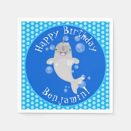 Cute happy narwhal bubbles cartoon illustratie servet (Voorkant)