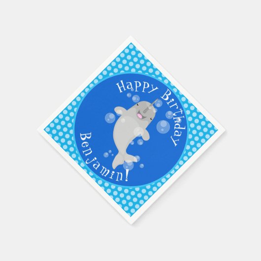 Cute happy narwhal bubbles cartoon illustratie servet (Hoek)