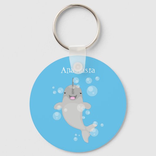 Cute happy narwhal bubbles cartoon illustratie sleutelhanger (Voorkant)
