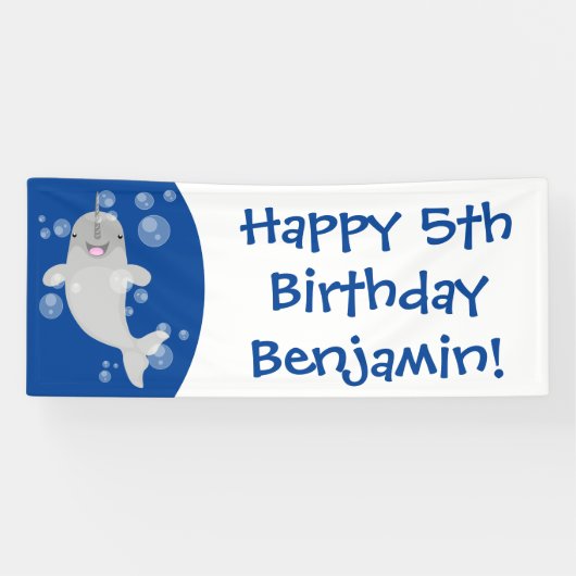 Cute happy narwhal bubbles cartoon illustratie spandoek (Horizontaal)