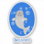 Cute happy narwhal bubbles cartoon illustratie sticker (Voorkant)