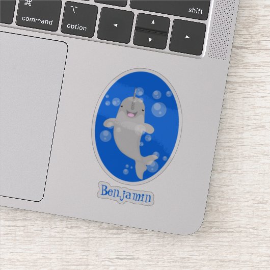 Cute happy narwhal bubbles cartoon illustratie sticker (Detail)
