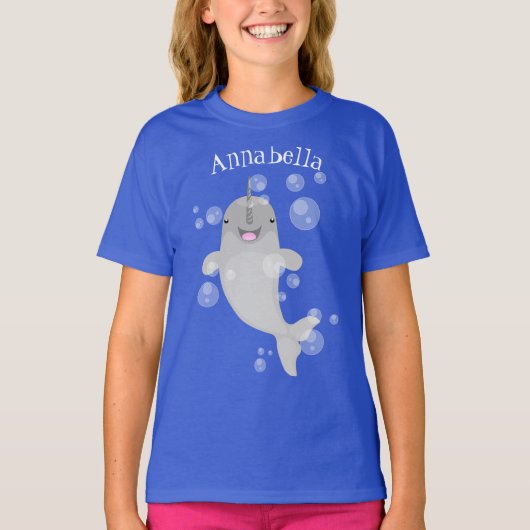 Cute happy narwhal bubbles cartoon illustratie t-shirt (Voorkant)
