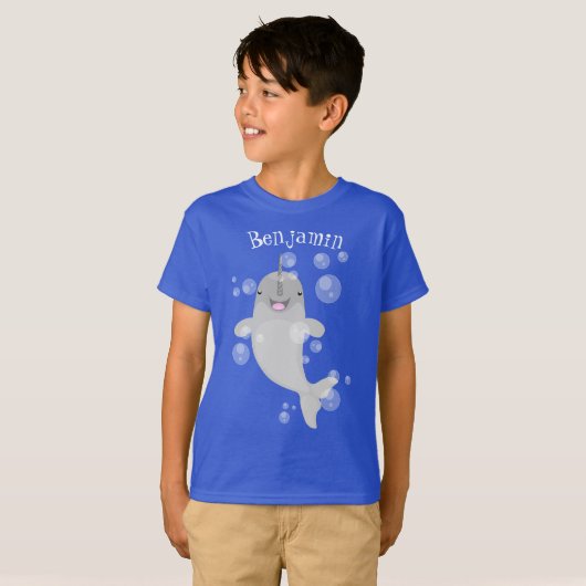 Cute happy narwhal bubbles cartoon illustratie t-shirt (Voorkant volledig)