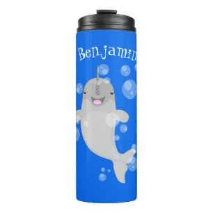 Cute happy narwhal bubbles cartoon illustratie thermosbeker