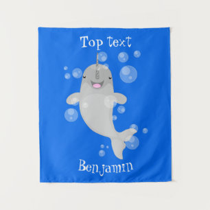Cute happy narwhal bubbles cartoon illustratie wandkleed