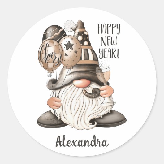 Cute Happy Nieuwjaar Gnome Ronde Sticker (Voorkant)