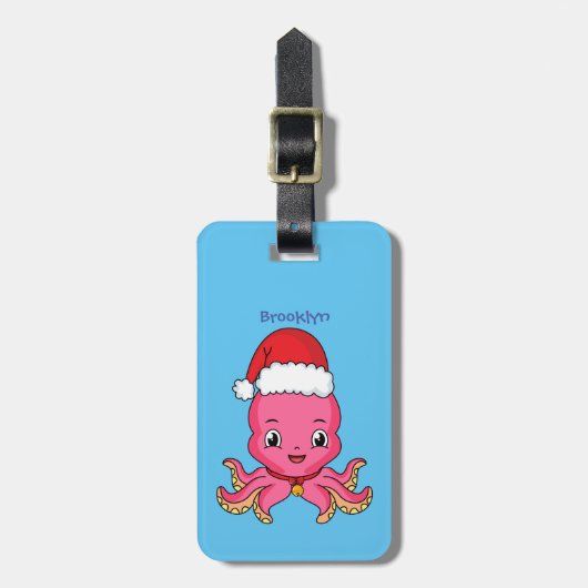 Cute happy octopus met kerstpet cartoon bagagelabel (Voorkant verticaal)