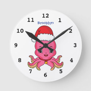 Cute happy octopus met kerstpet cartoon ronde klok