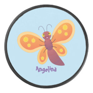 Cute happy orange butterfly cartoon illustraties hockey puck