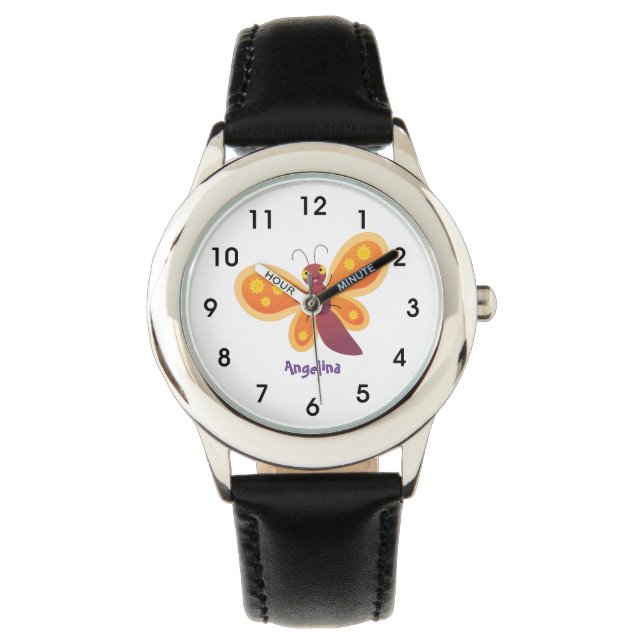 Cute happy orange butterfly cartoon illustraties horloge (Voorkant)