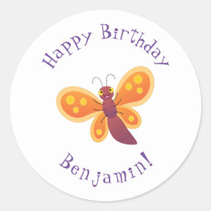 Cute happy orange butterfly cartoon illustraties ronde sticker