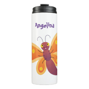 Cute happy orange butterfly cartoon illustraties thermosbeker