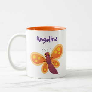 Cute happy orange butterfly cartoon illustraties tweekleurige koffiemok